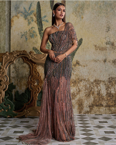 Onion Pink Cut Work Drape Embellished Sari Set