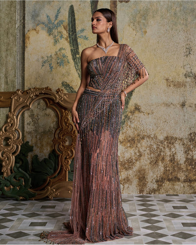 Onion Pink Cut Work Drape Embellished Sari Set