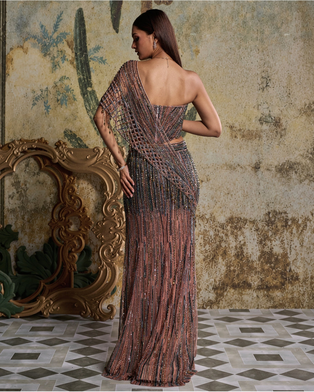 Onion Pink Cut Work Drape Embellished Sari Set