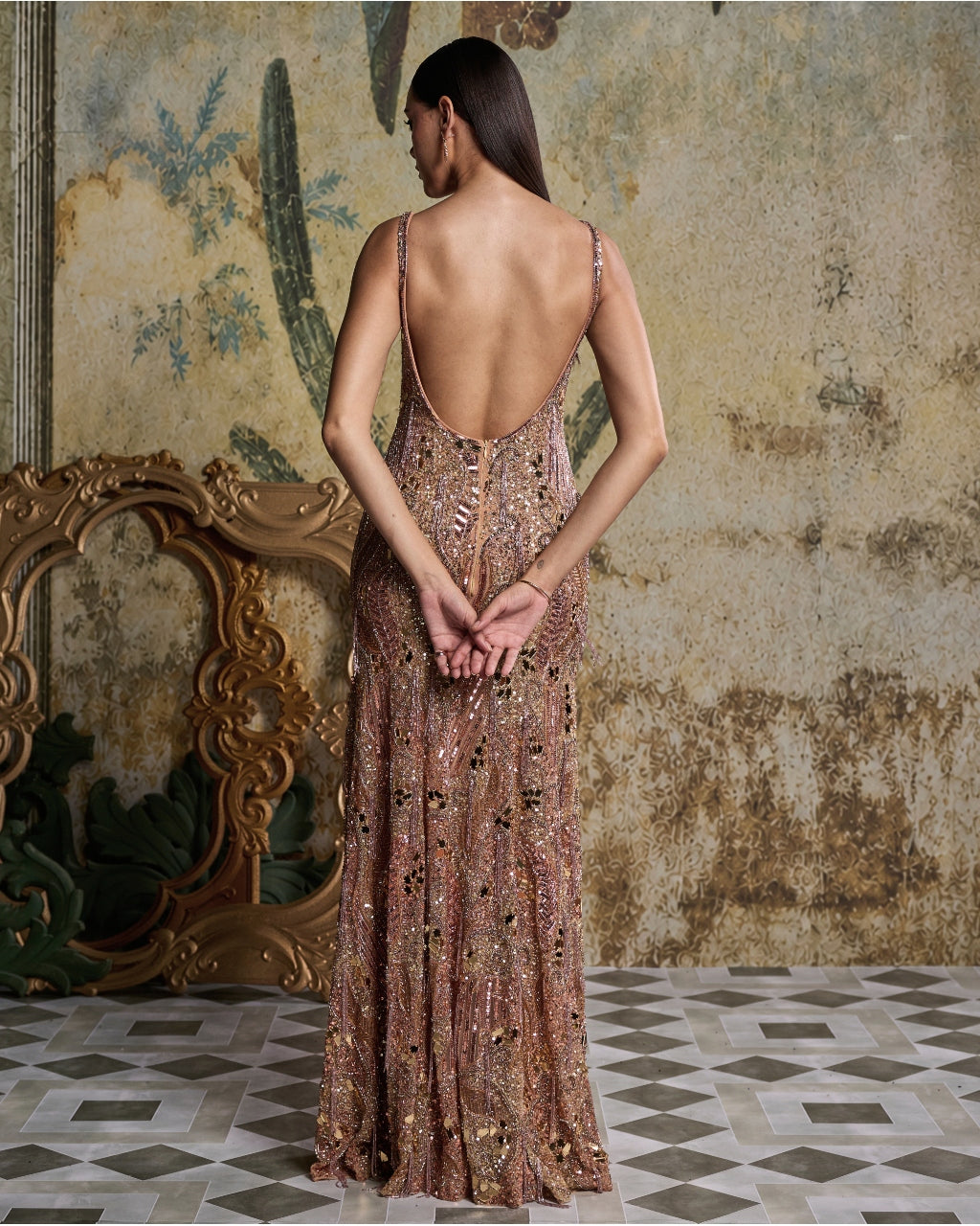 Rose Gold Abstarct Acrylic Embellished Gown