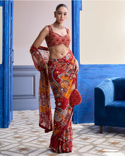 Rust Mosaic Highlighted Blouse With Classic Skirt Sari Set