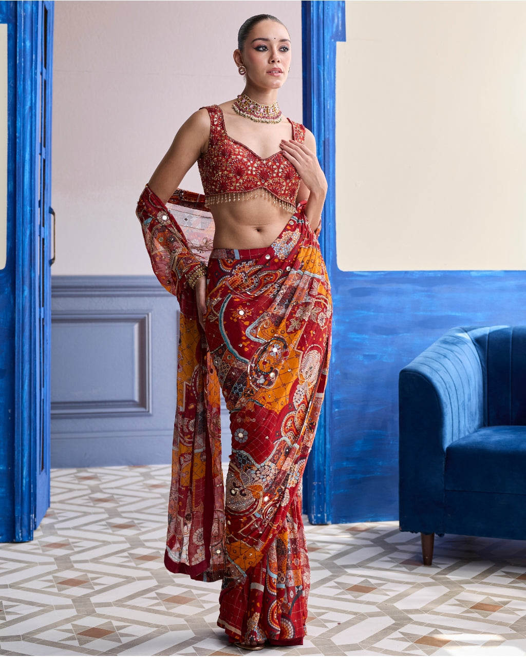 Rust Mosaic Highlighted Blouse With Classic Skirt Sari Set
