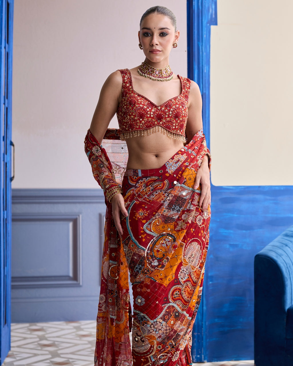 Rust Mosaic Highlighted Blouse With Classic Skirt Sari Set