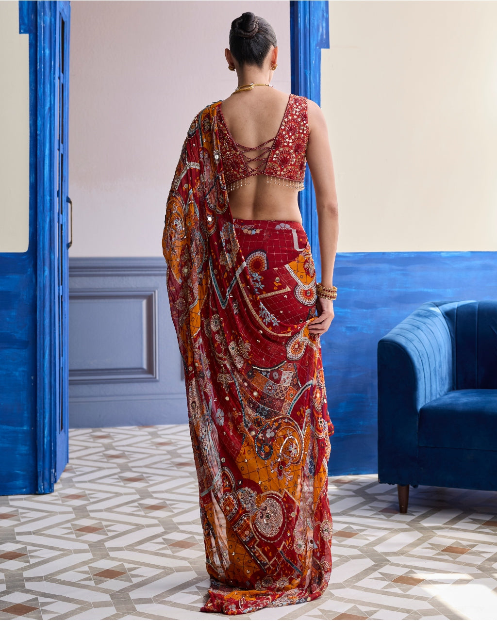 Rust Mosaic Highlighted Blouse With Classic Skirt Sari Set