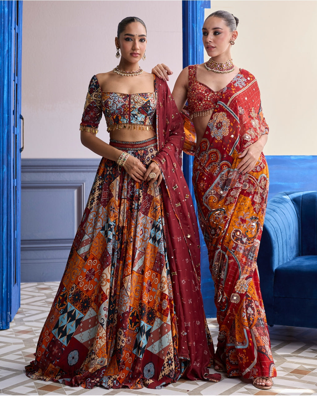 Rust Highlighted Blouse With Lehenga & Embroidered Dupatta Set