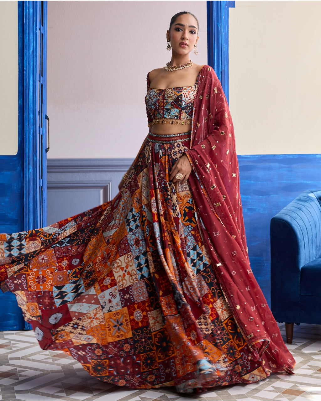 Rust Highlighted Blouse With Lehenga & Embroidered Dupatta Set
