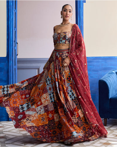 Rust Highlighted Blouse With Lehenga & Embroidered Dupatta Set