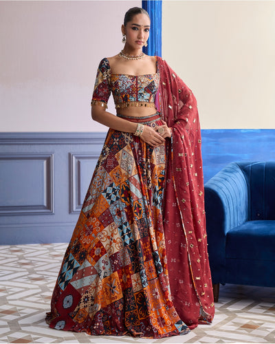 Rust Highlighted Blouse With Lehenga & Embroidered Dupatta Set