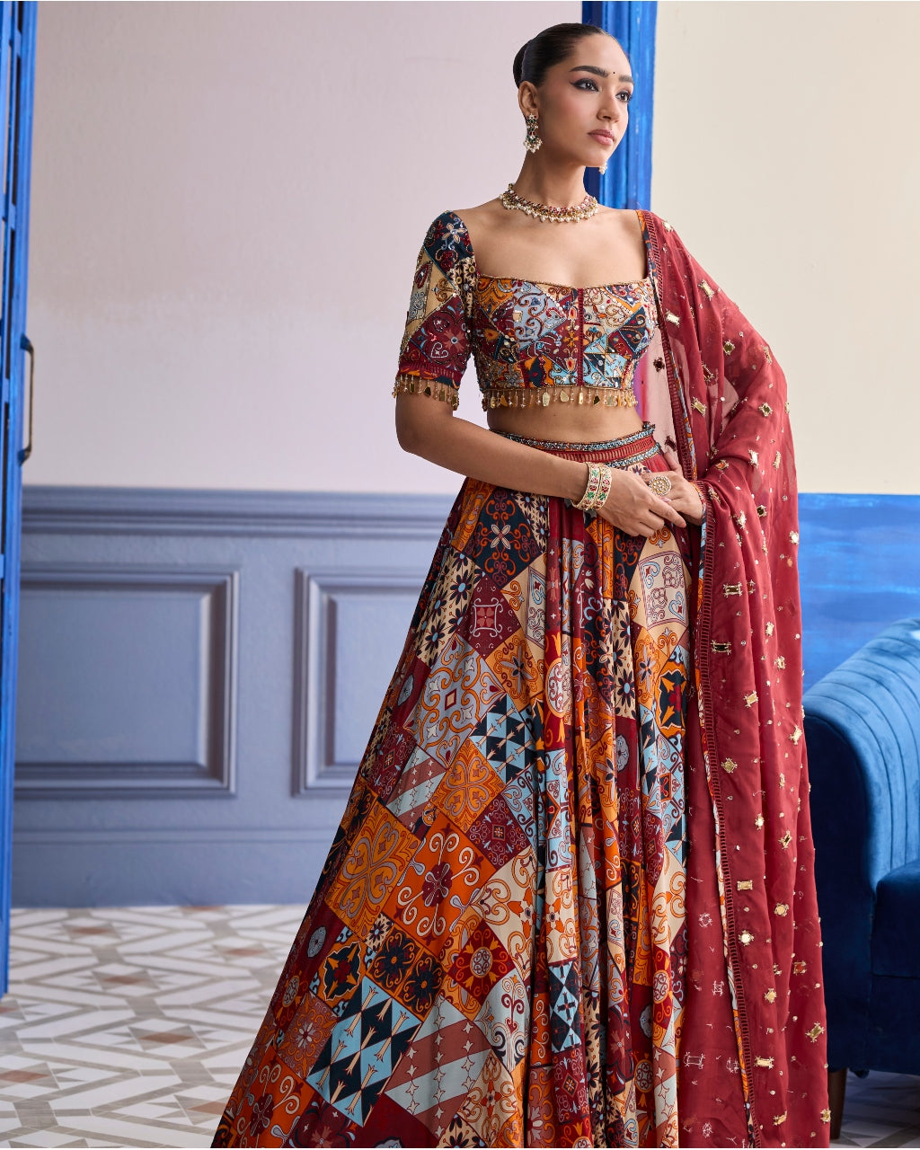 Rust Highlighted Blouse With Lehenga & Embroidered Dupatta Set