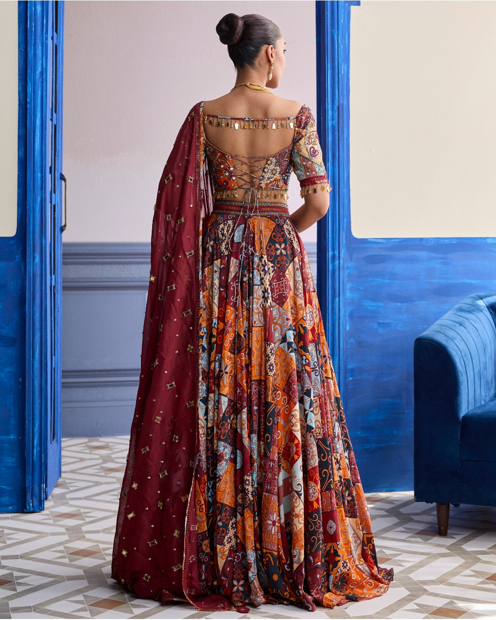 Rust Highlighted Blouse With Lehenga & Embroidered Dupatta Set
