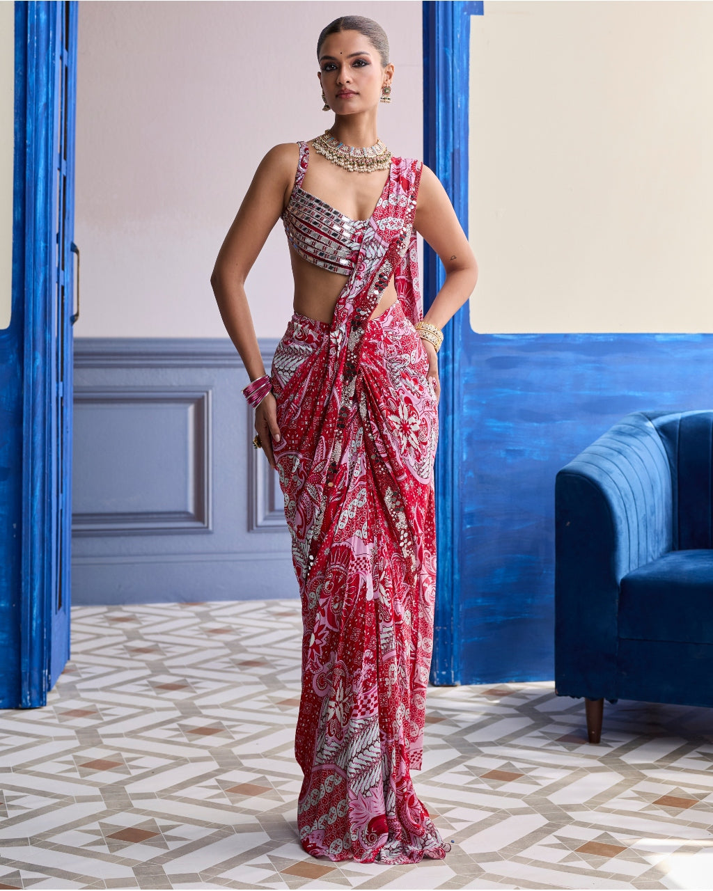 Red Mirror Work Blouse With Printed Dhoti Sari Set
