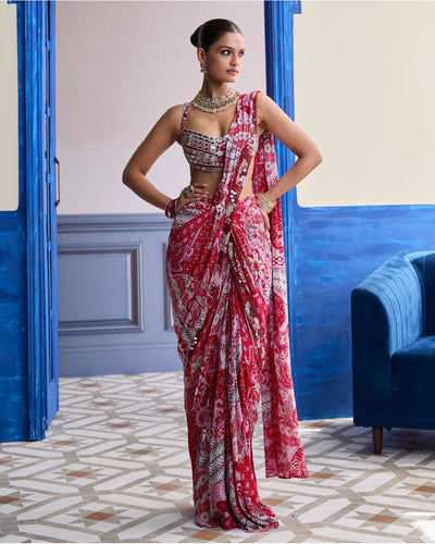 Red Mirror Work Blouse With Printed Dhoti Sari Set