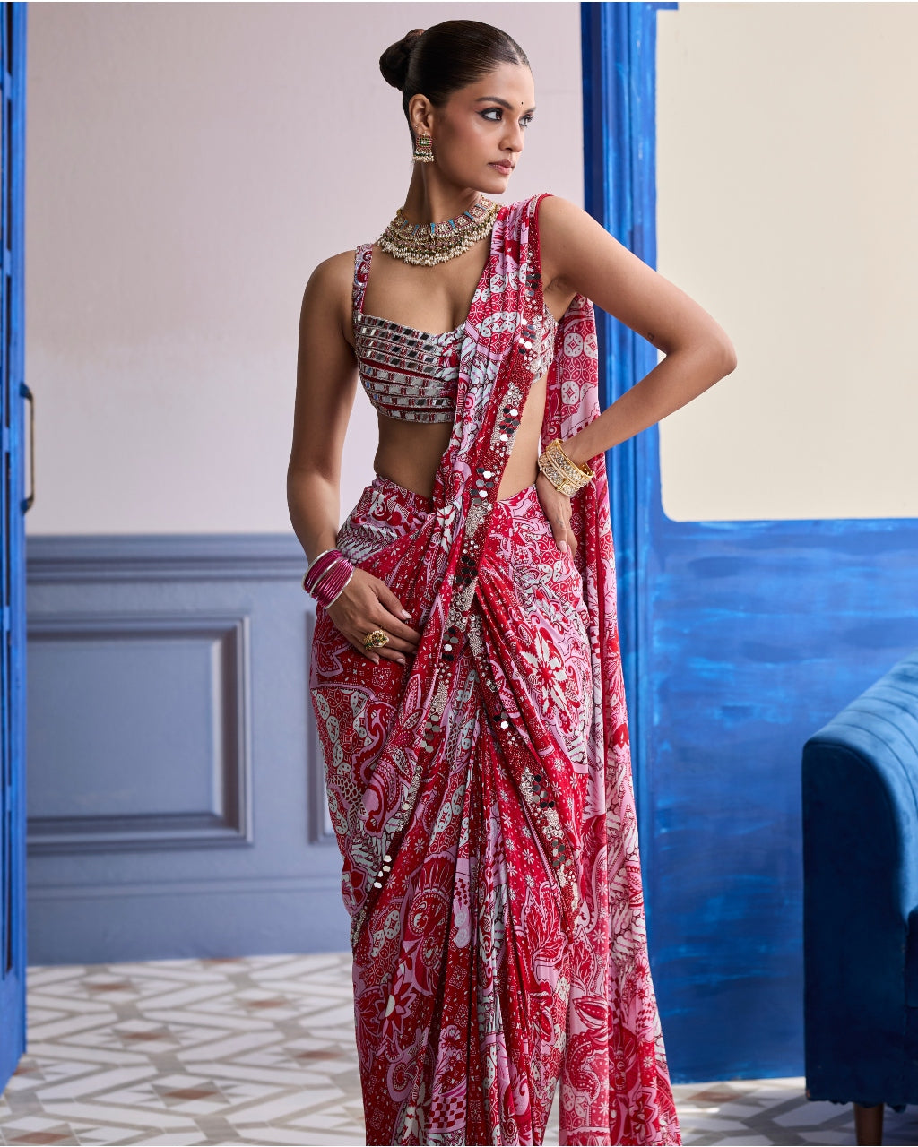 Red Mirror Work Blouse With Printed Dhoti Sari Set