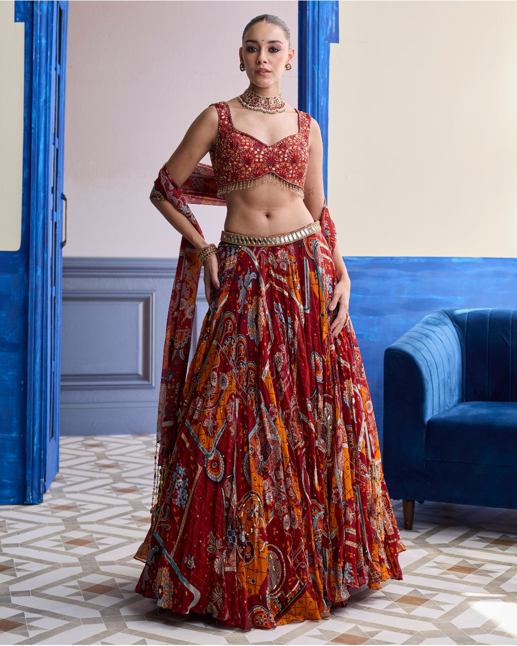 Rust Mosaic Sweetheart Blouse With Lehenga & Tassel Dupatta Set