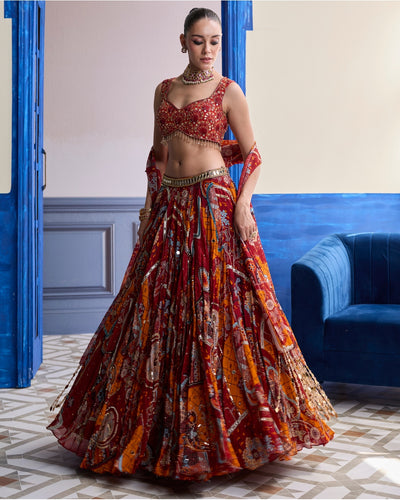 Rust Mosaic Sweetheart Blouse With Lehenga & Tassel Dupatta Set