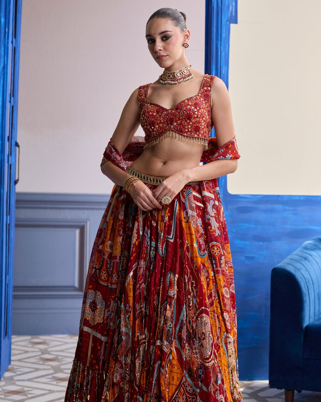 Rust Mosaic Sweetheart Blouse With Lehenga & Tassel Dupatta Set