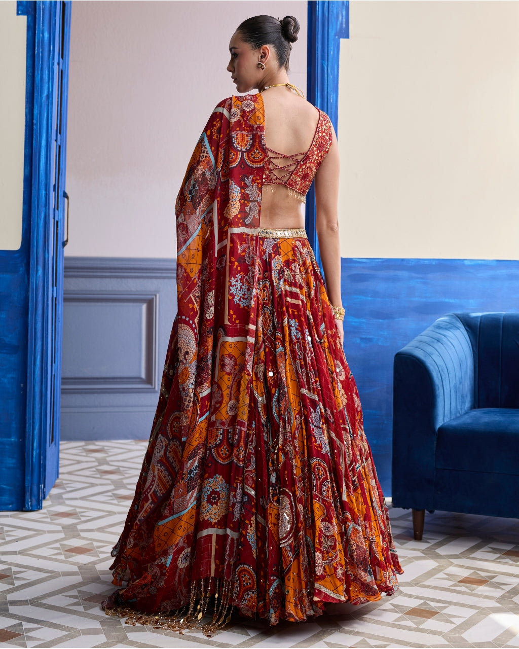 Rust Mosaic Sweetheart Blouse With Lehenga & Tassel Dupatta Set
