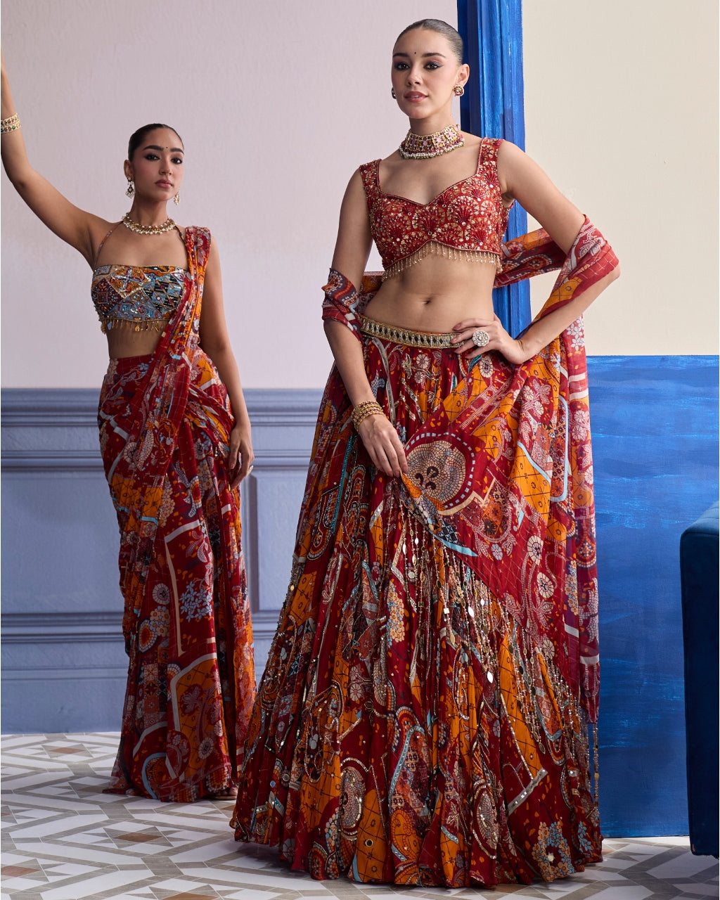 Rust Mosaic Sweetheart Blouse With Lehenga & Tassel Dupatta Set