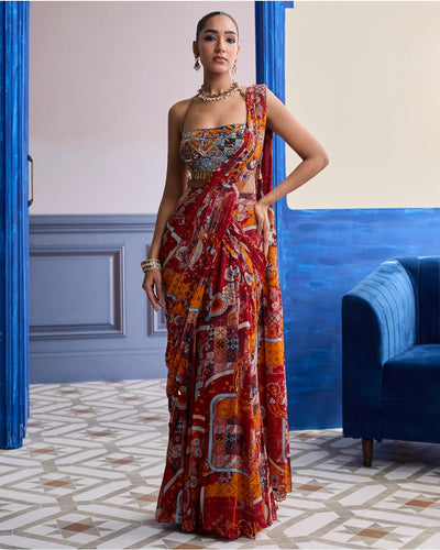 Rust Mosaic Blouse With Pre-Draped Panelled Sari Set