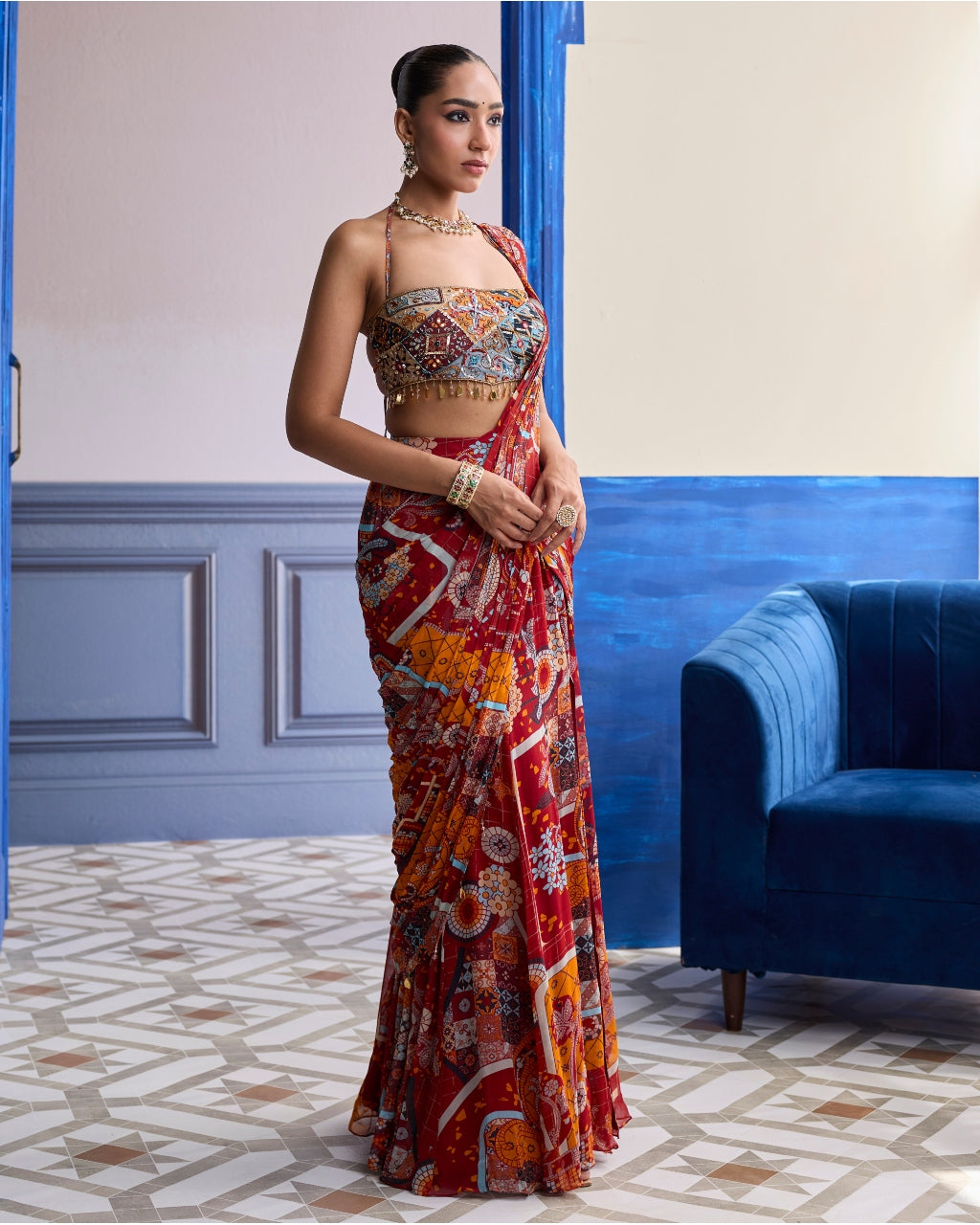 Rust Mosaic Blouse With Pre-Draped Panelled Sari Set