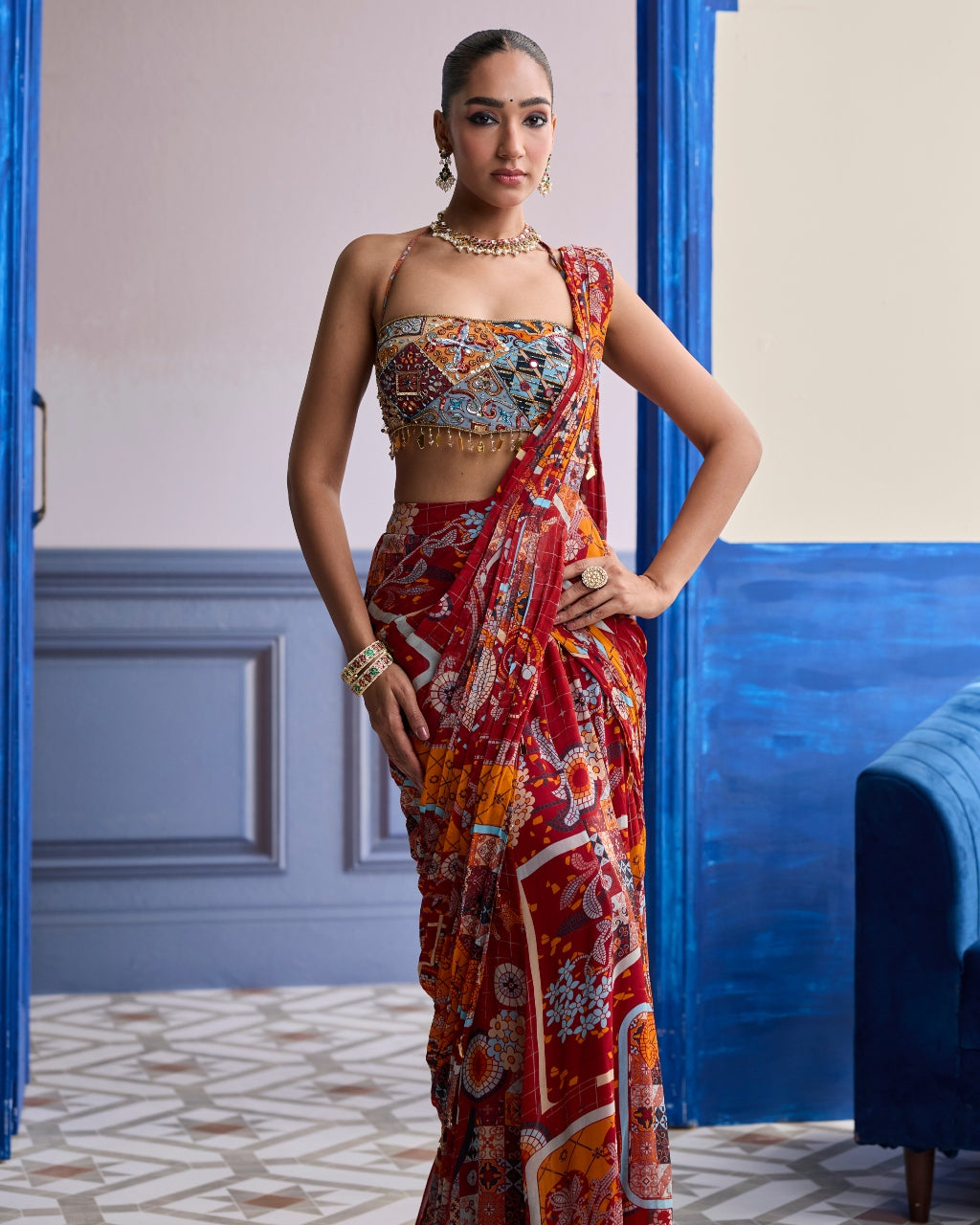 Rust Mosaic Blouse With Pre-Draped Panelled Sari Set