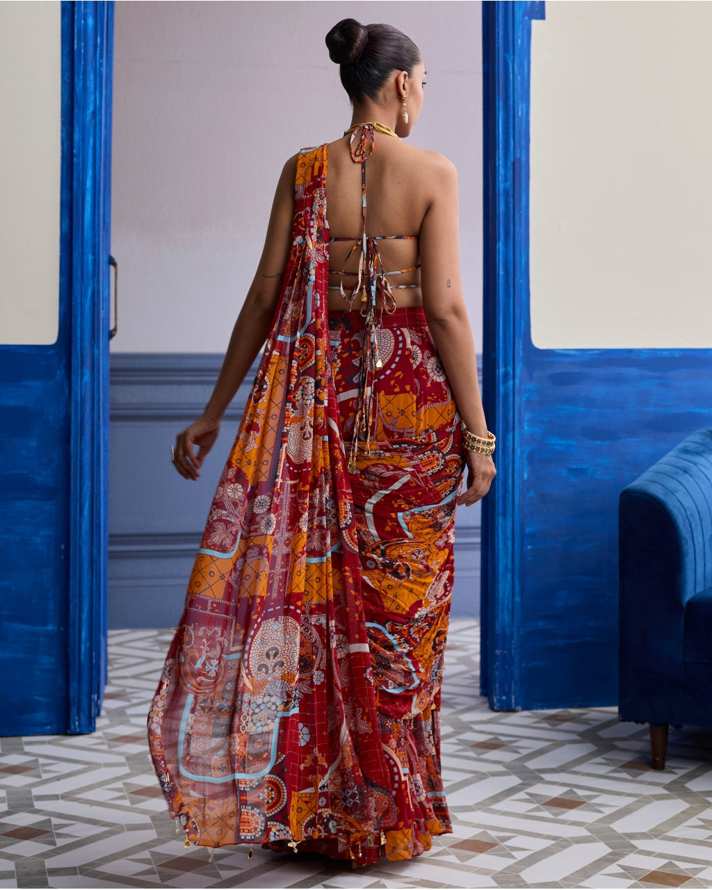 Rust Mosaic Blouse With Pre-Draped Panelled Sari Set
