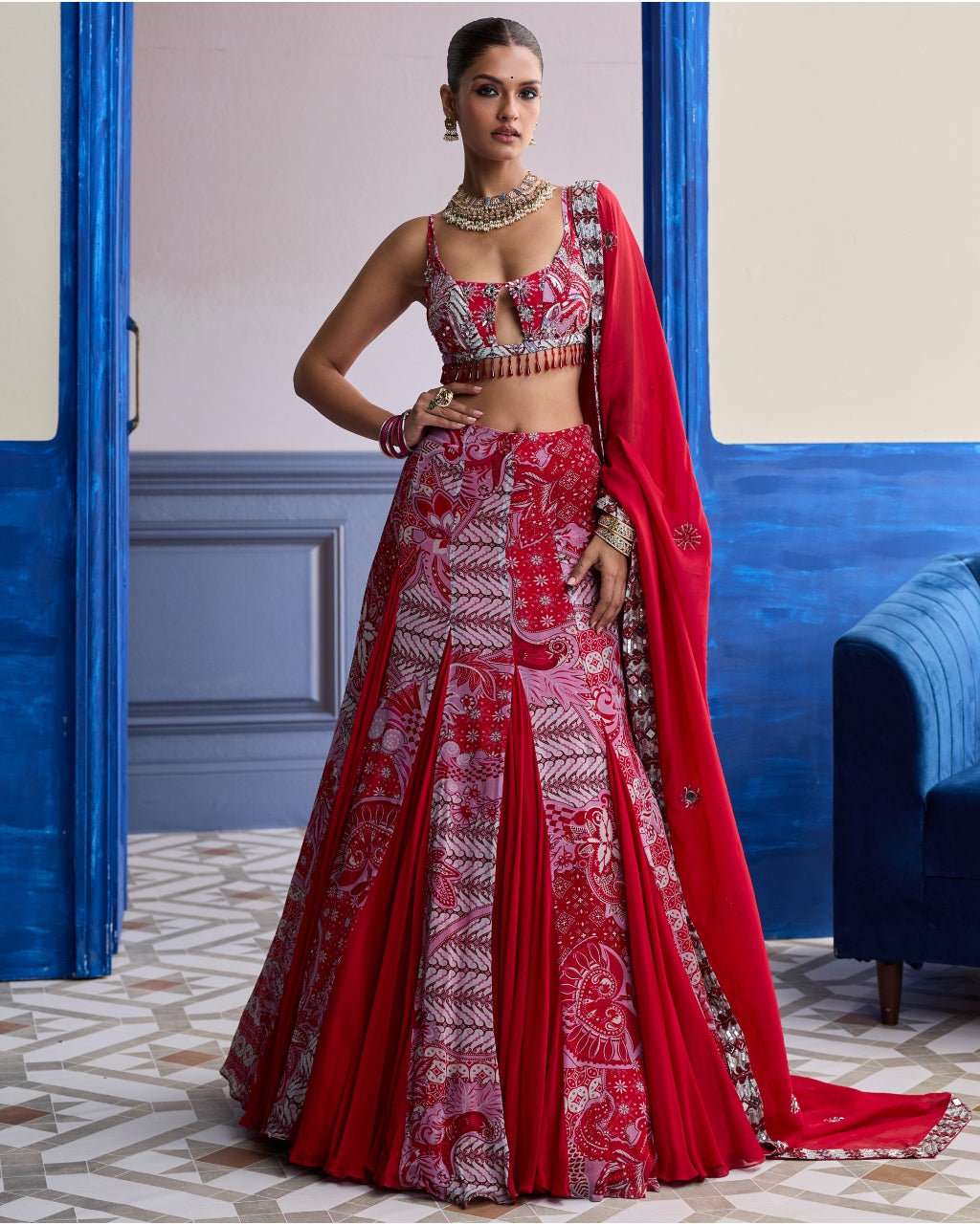 Red Floral Blouse With Godet Skirt & Embroidered Dupatta Set