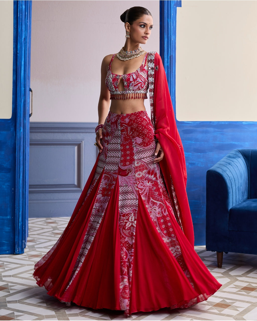Red Floral Blouse With Godet Skirt & Embroidered Dupatta Set