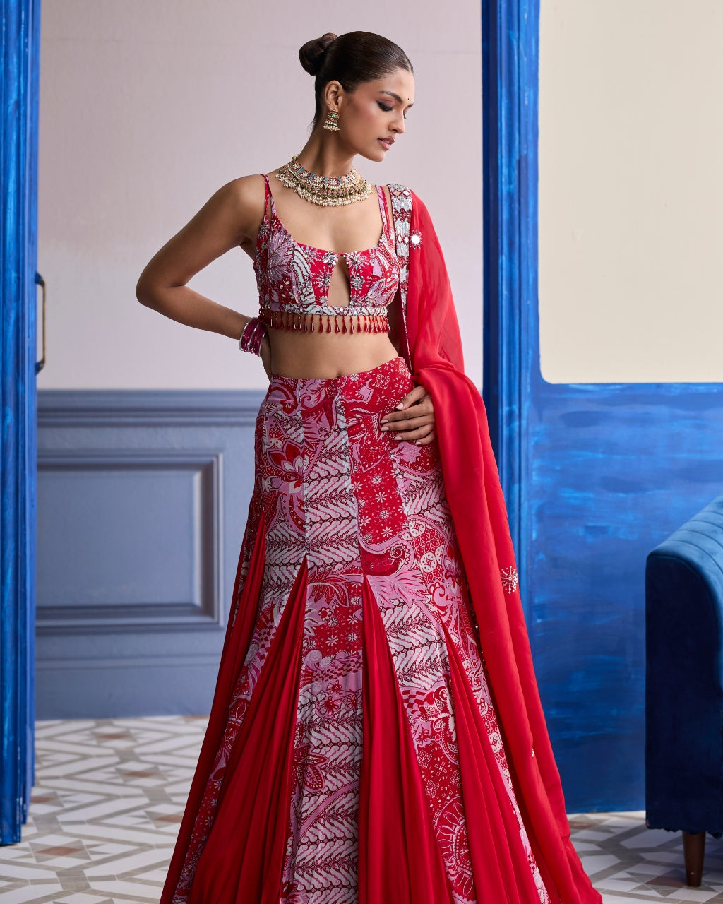 Red Floral Blouse With Godet Skirt & Embroidered Dupatta Set