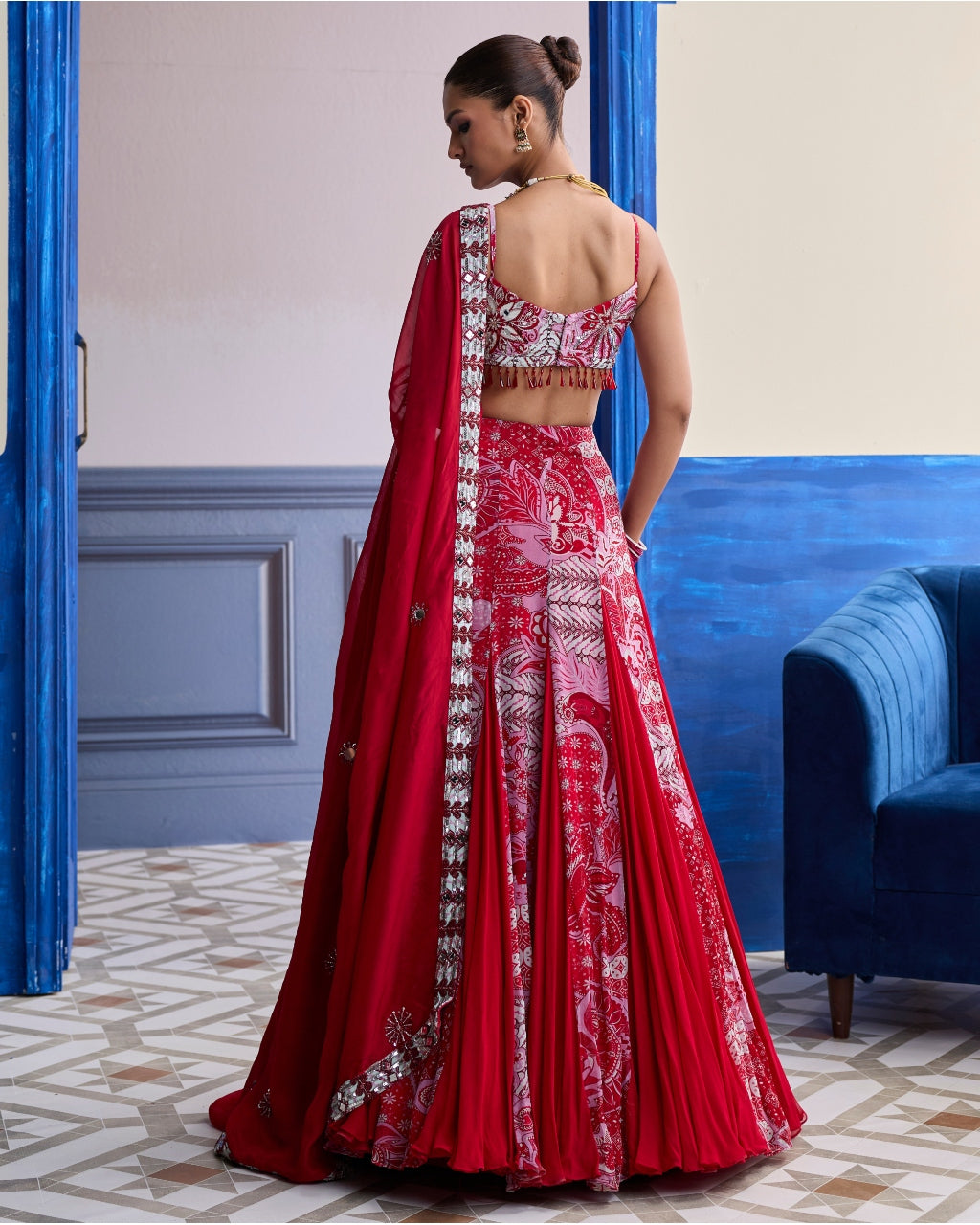 Red Floral Blouse With Godet Skirt & Embroidered Dupatta Set