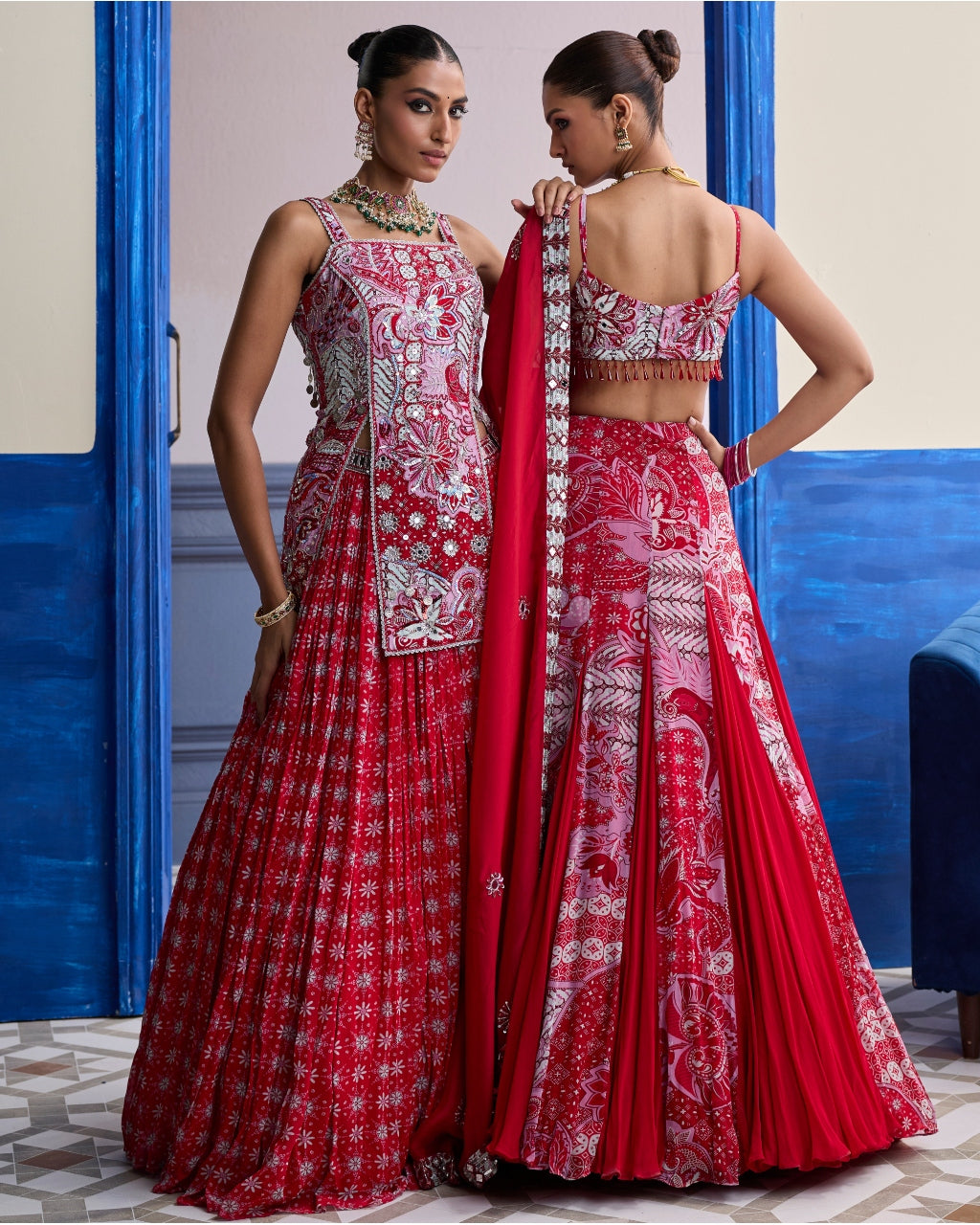 Red Floral Slit Kurti With Lehenga Set