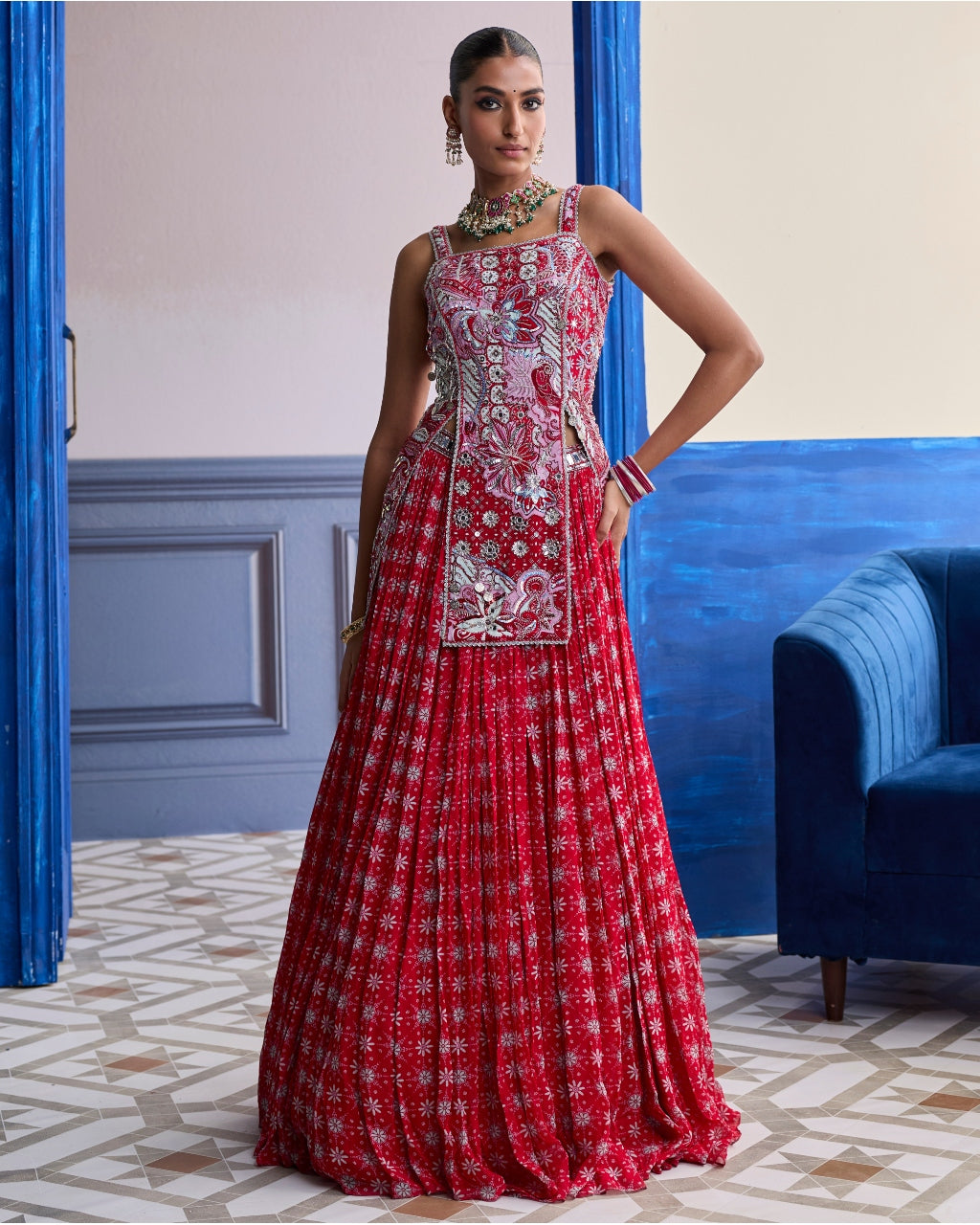 Red Floral Slit Kurti With Lehenga Set