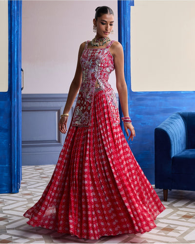 Red Floral Slit Kurti With Lehenga Set