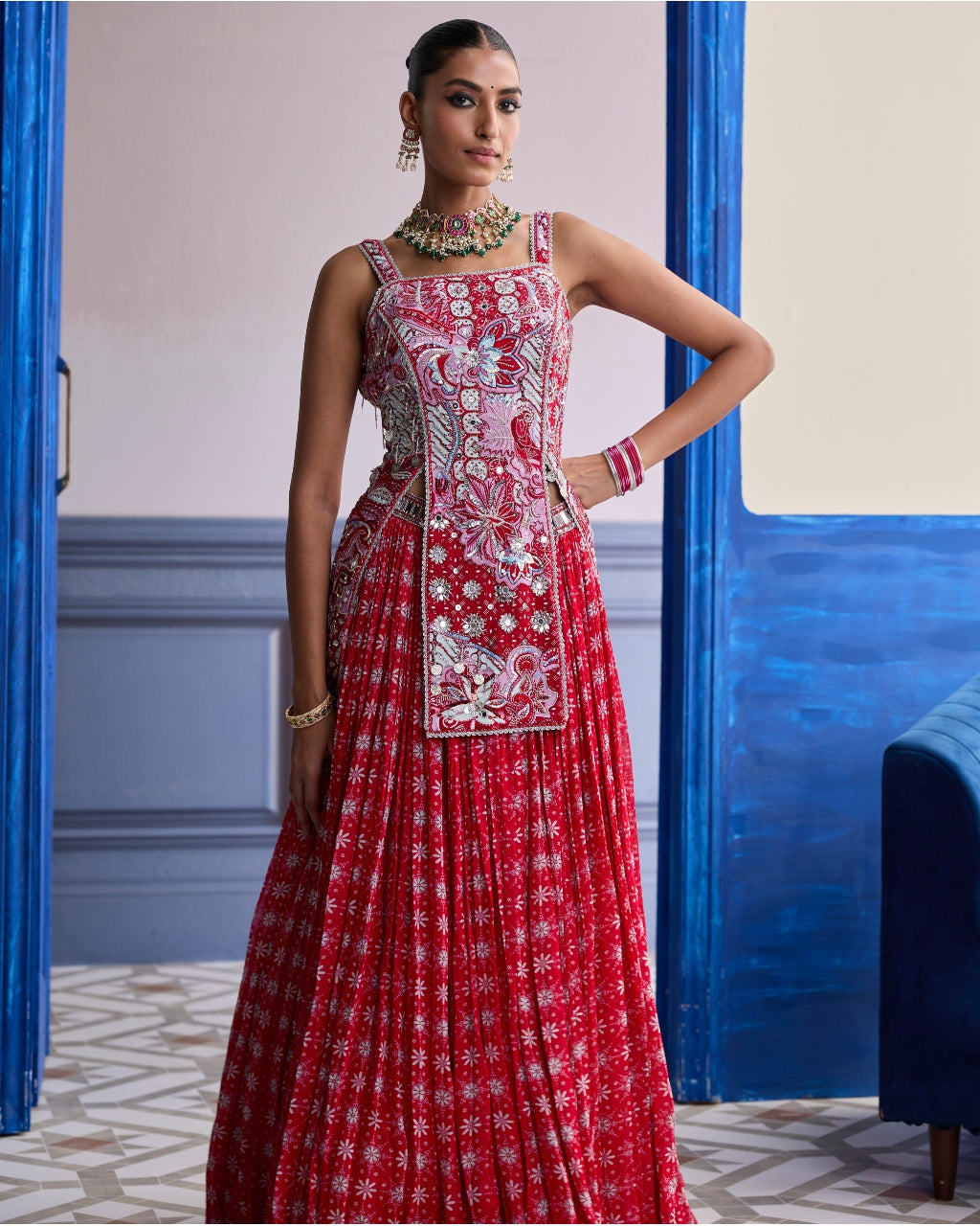 Red Floral Slit Kurti With Lehenga Set