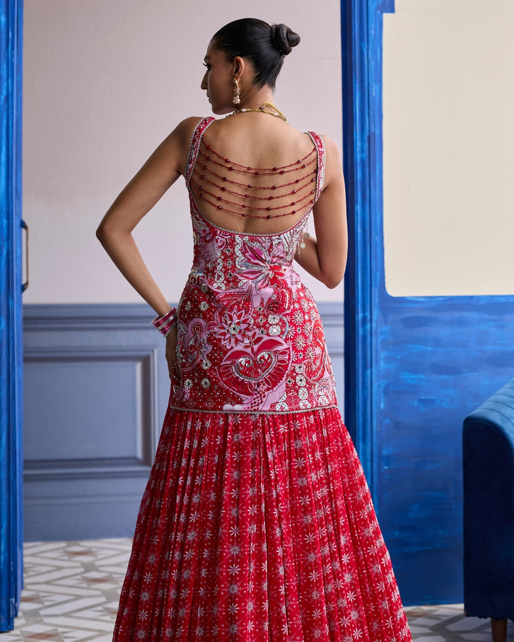 Red Floral Slit Kurti With Lehenga Set