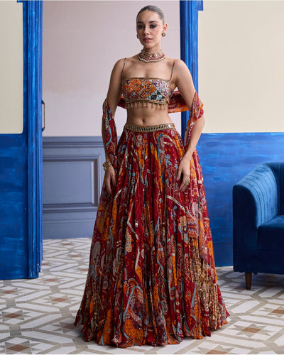 Rust Mosaic Square Neck Blouse With Lehenga & Tassel Dupatta Set