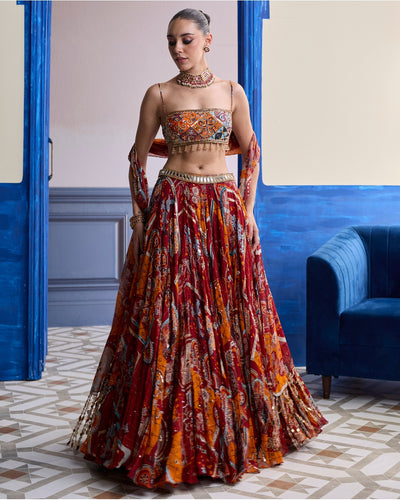 Rust Mosaic Square Neck Blouse With Lehenga & Tassel Dupatta Set