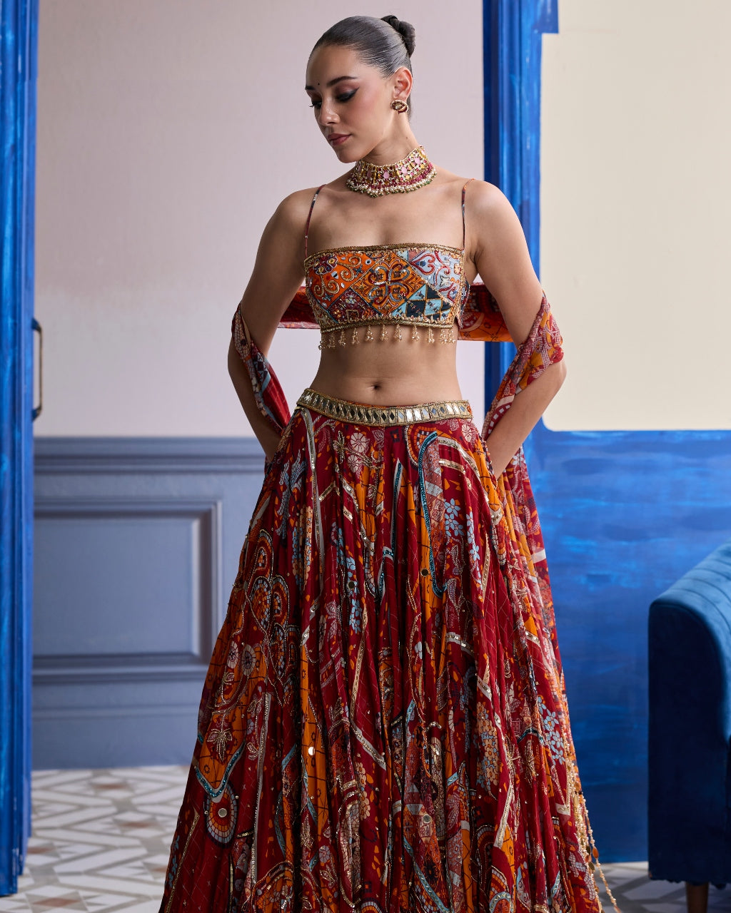 Rust Mosaic Square Neck Blouse With Lehenga & Tassel Dupatta Set