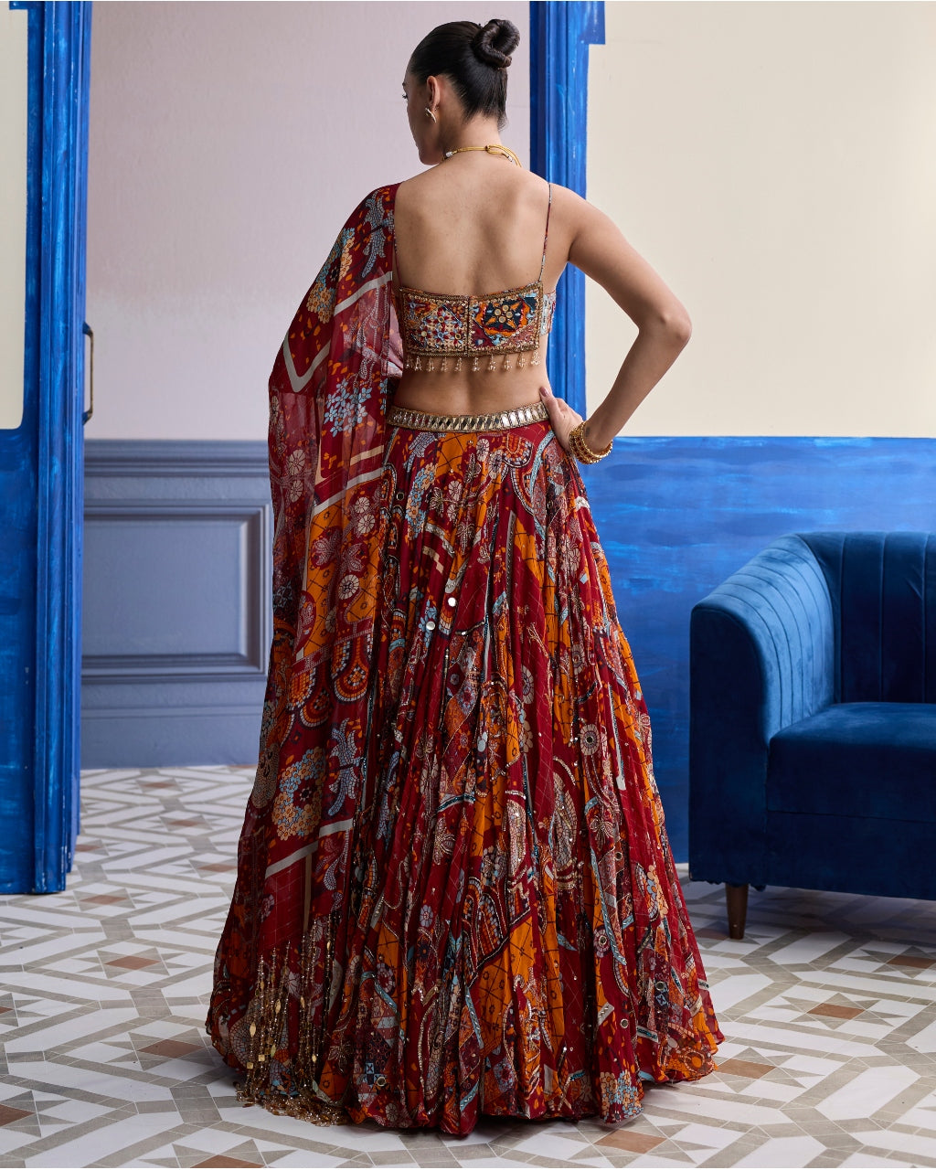 Rust Mosaic Square Neck Blouse With Lehenga & Tassel Dupatta Set