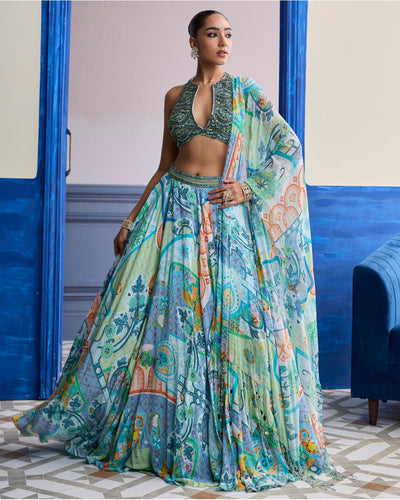 Aqua Blue Embroidered Blouse With Printed Lehenga & Tassel Dupatta Set