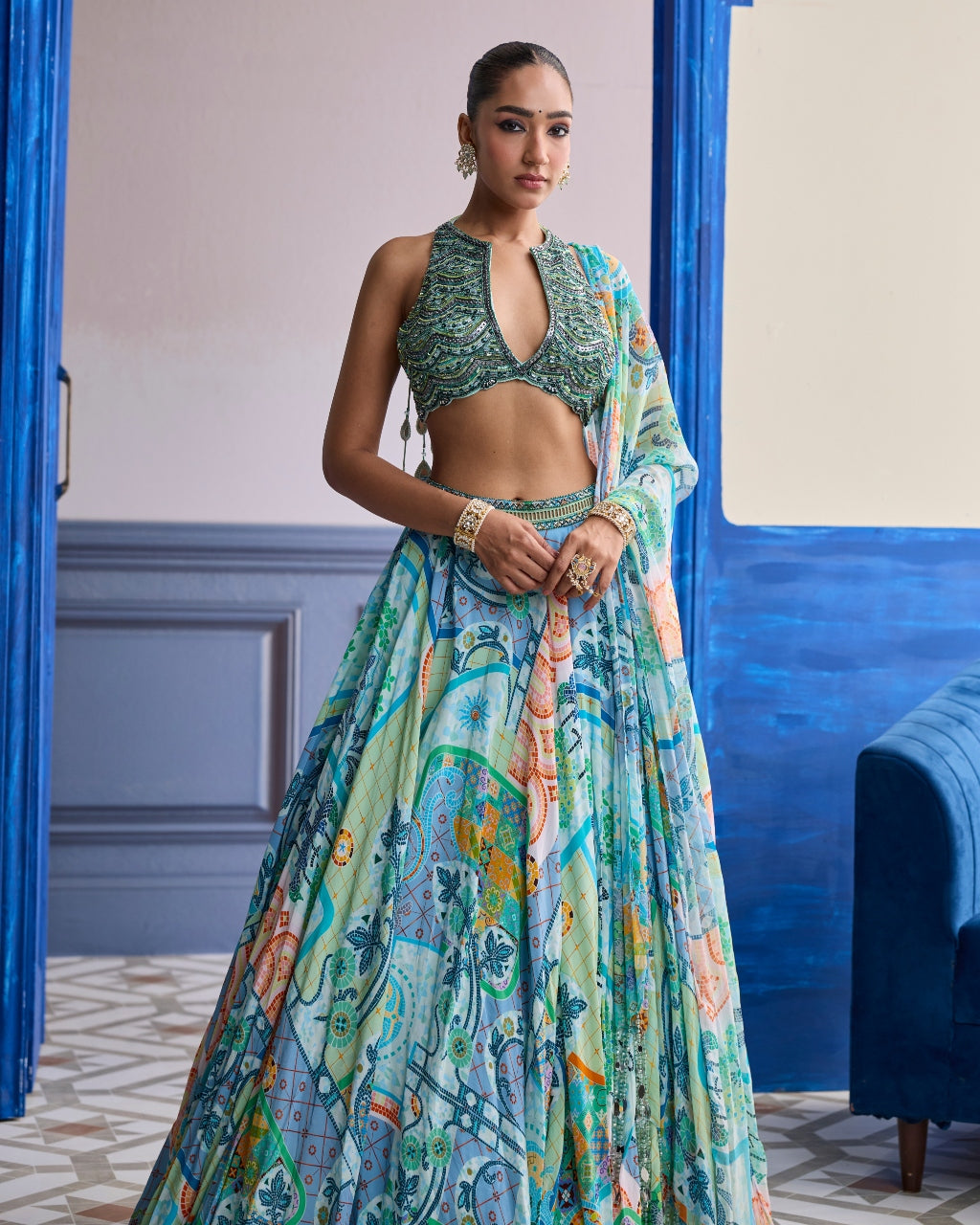 Aqua Blue Embroidered Blouse With Printed Lehenga & Tassel Dupatta Set