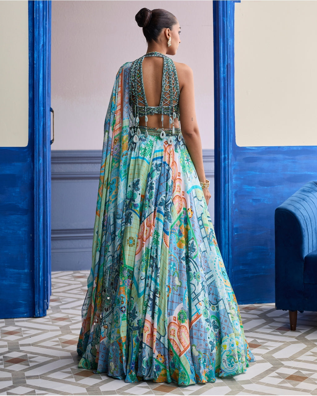 Aqua Blue Embroidered Blouse With Printed Lehenga & Tassel Dupatta Set