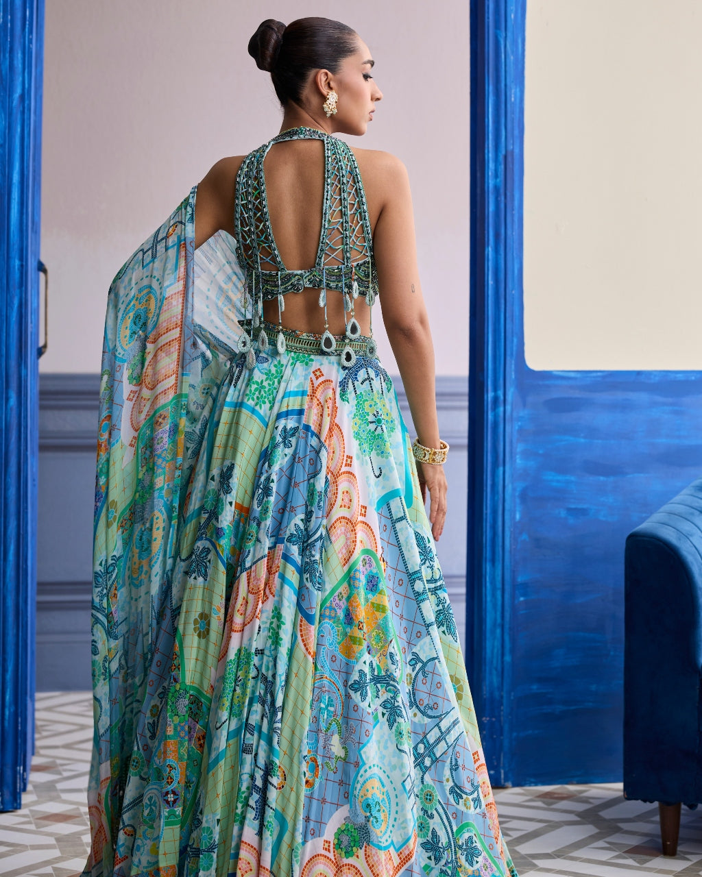 Aqua Blue Embroidered Blouse With Printed Lehenga & Tassel Dupatta Set