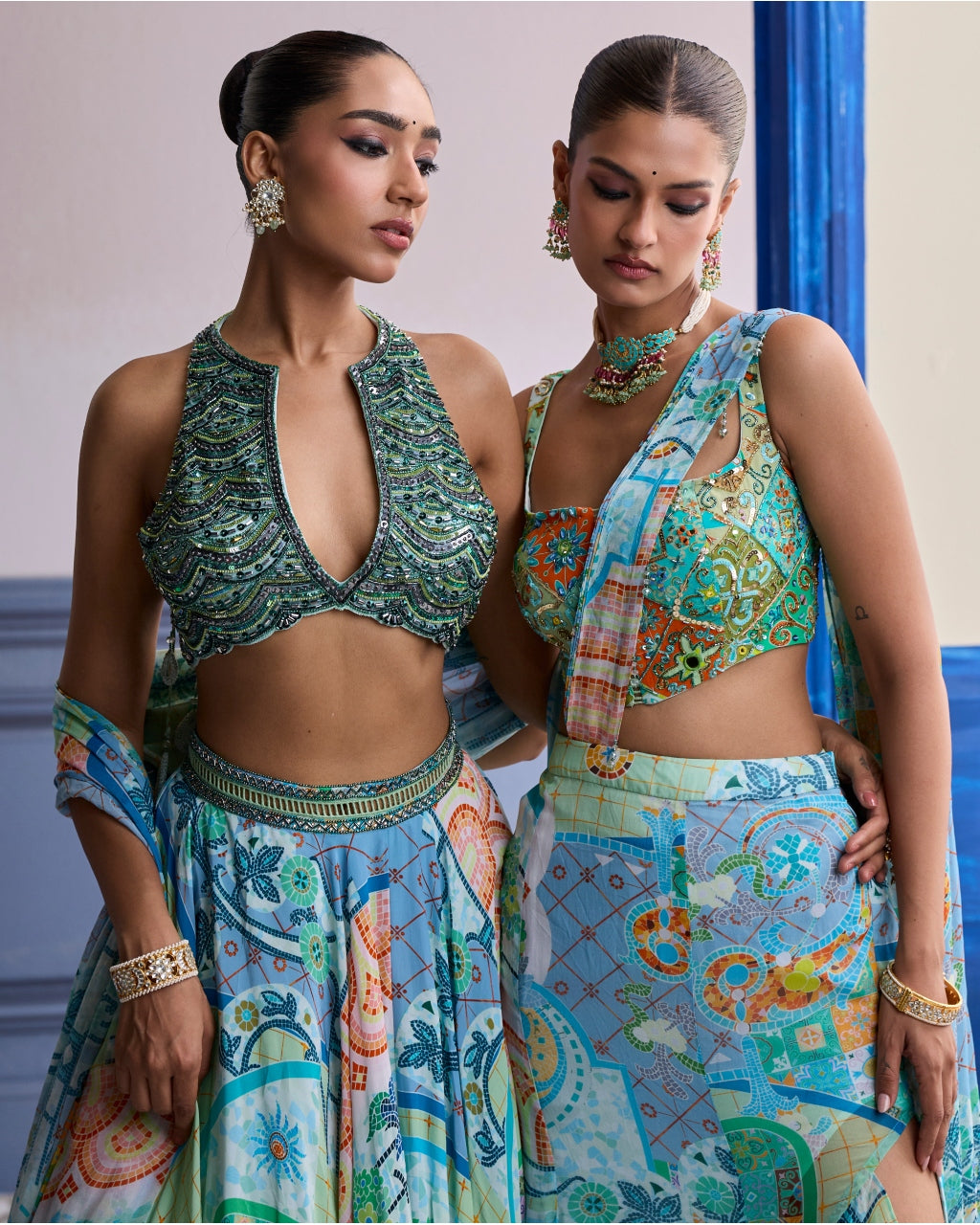 Aqua Blue Embroidered Blouse With Printed Lehenga & Tassel Dupatta Set