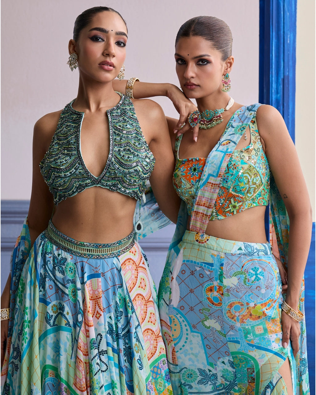 Aqua Blue Mosaic Blouse With Ruffle Slit Skirt Sari Set