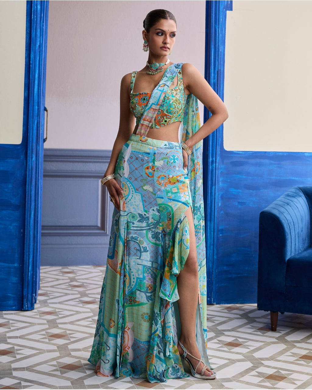 Aqua Blue Mosaic Blouse With Ruffle Slit Skirt Sari Set