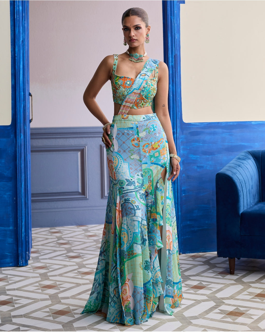 Aqua Blue Mosaic Blouse With Ruffle Slit Skirt Sari Set