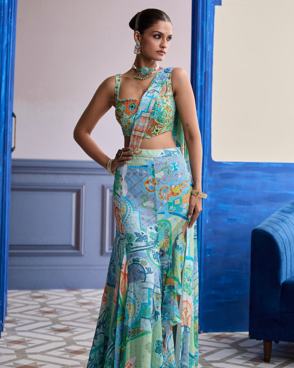 Aqua Blue Mosaic Blouse With Ruffle Slit Skirt Sari Set