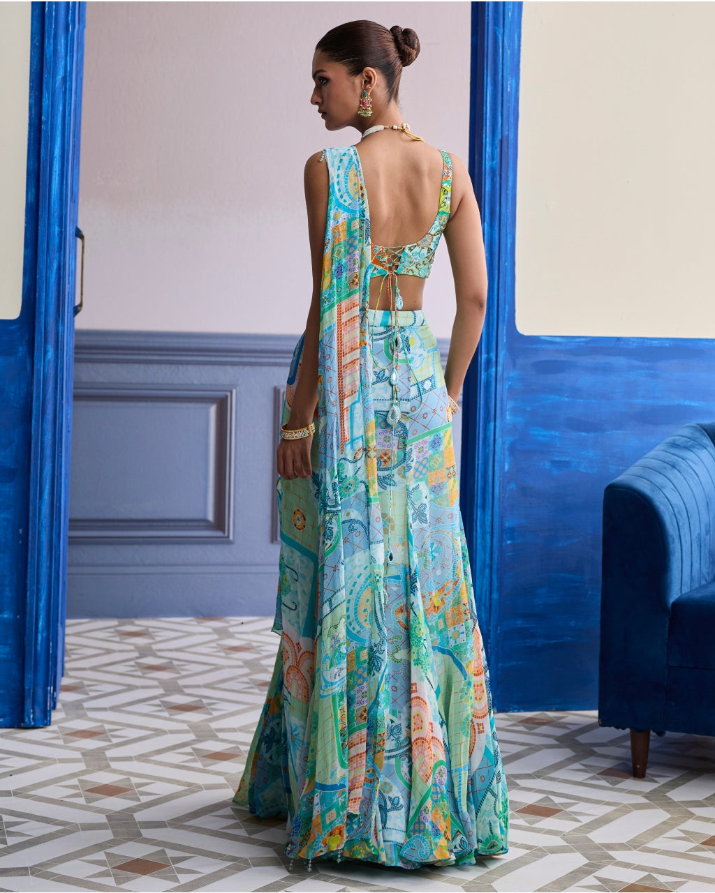Aqua Blue Mosaic Blouse With Ruffle Slit Skirt Sari Set