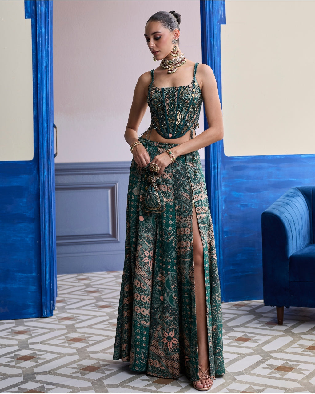 Teal Floral Corset With Tie-Up Detail & Panelled Slit Skirt Set